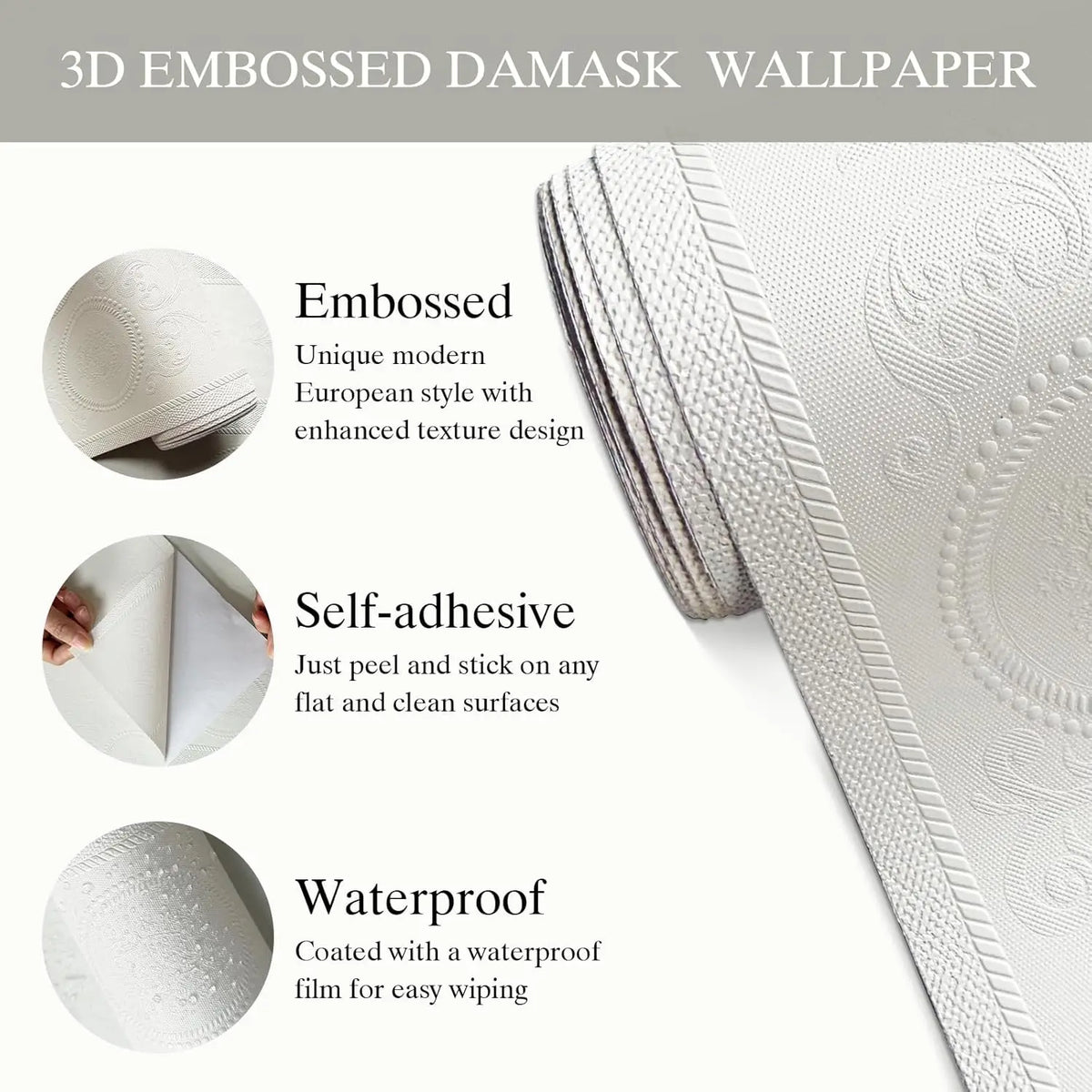 3D White Embossed Damask Waterproof & Oil-Resistant Vinyl Peel-and-Stick Wallpaper – Extra Thick & Removable
