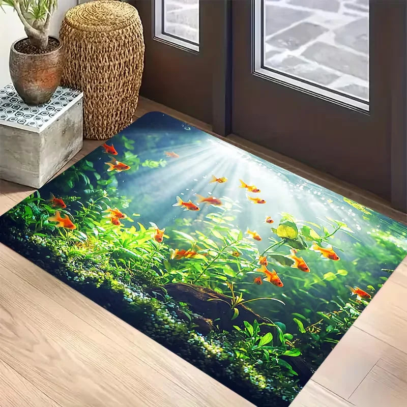 Shark & Aquatic Print Absorbent Non-Slip Flannel Door Mat – Washable Polyester Mat for Bathroom & Entrance