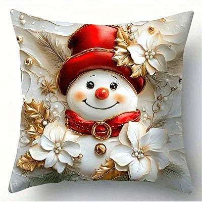 Red-Hat Snowman Christmas Pillow Cover – Floral Peachskin Print, Machine Washable