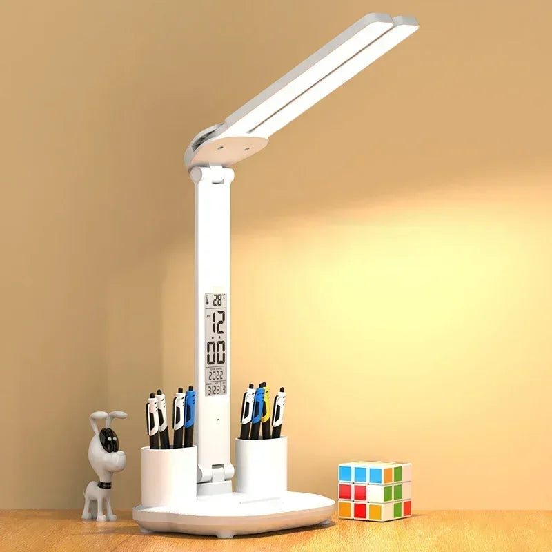 LED Desk Lamp with Clock, Calendar & Temperature Display – USB Rechargeable, Foldable & Touch Dimmable