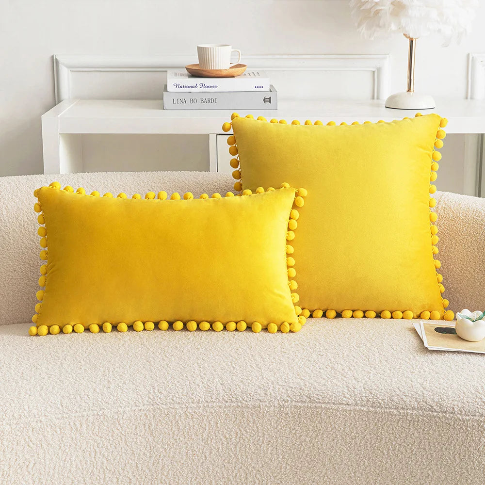 *Yellow & Orange Pompom Polyester Velvet Pillow Cover – 17.72 or 19.69 in Square / 11.81 × 19.69 in Lumbar (45 × 45, 50 × 50 or 30 × 50 cm), 1 Piece