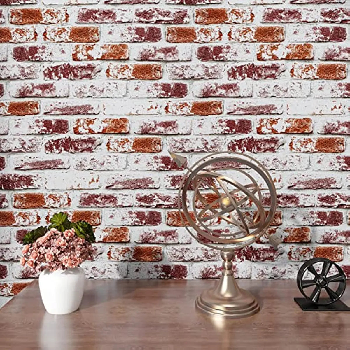 Rustic Painted Red Brick Waterproof Vinyl Peel-and-Stick Wallpaper – Removable & Oil-Resistant