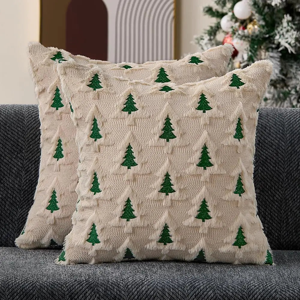 Embroidered Christmas Tree Pillow Covers – Plush Set of 2, 17.72 in