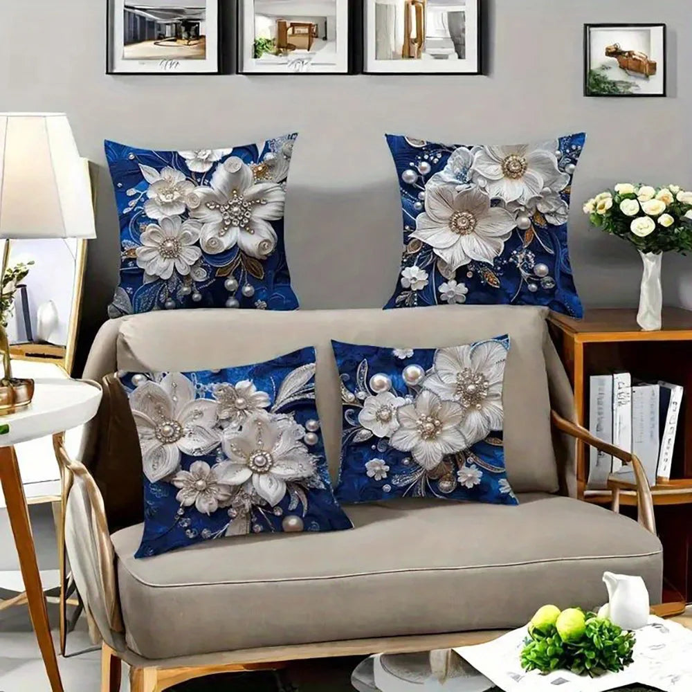 Blue Floral Jewel-Effect Printed Pillow Cover – Design 3, 4 Sizes