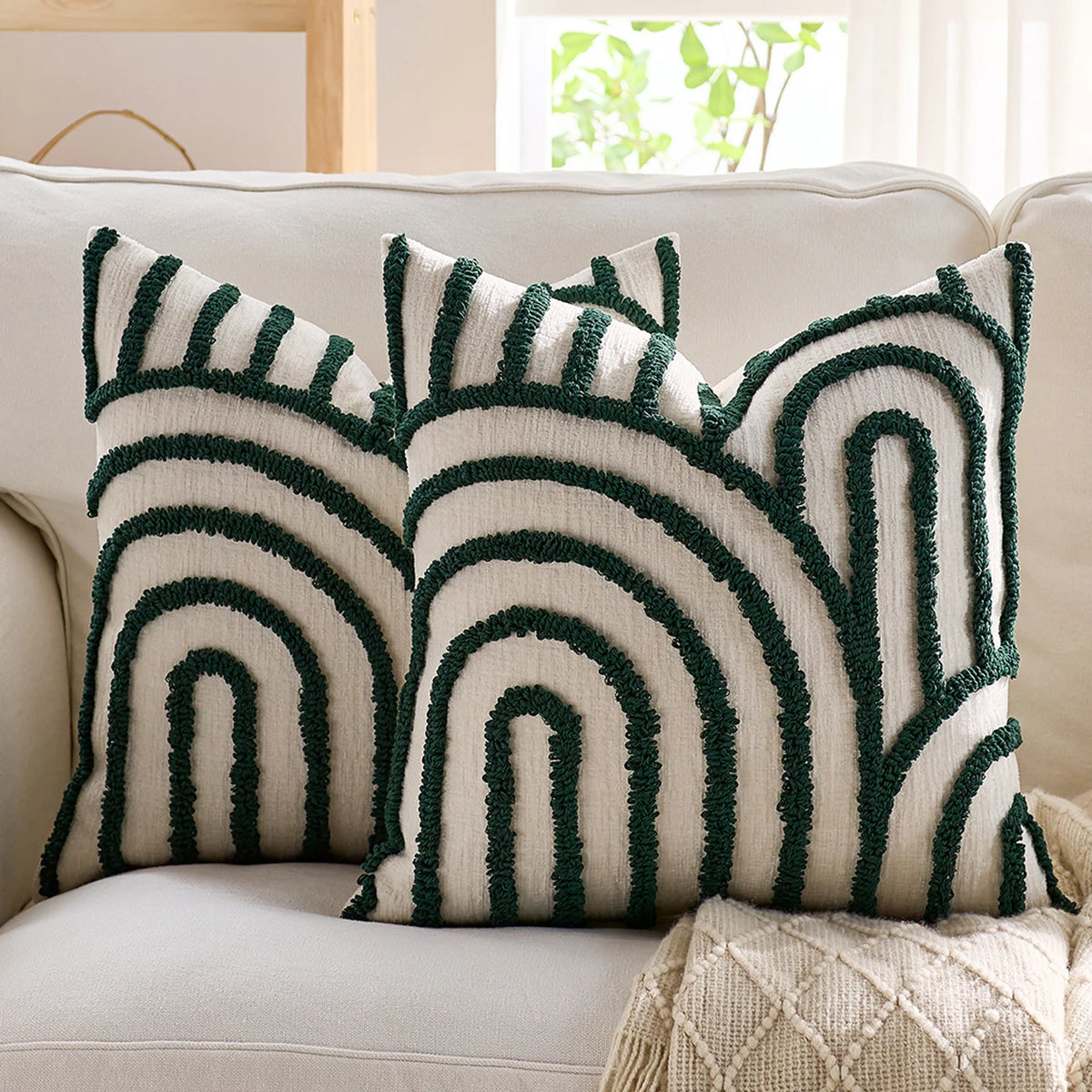 Army Green Geometric Embroidered Polyester Pillow Covers – 17.72 in (45 cm) Square, Set of 2