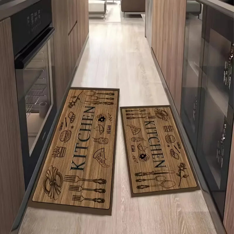 Wood-Grain Kitchenware Pattern Non-Slip Kitchen Rug & Entrance Mat – Soft Washable Polyester