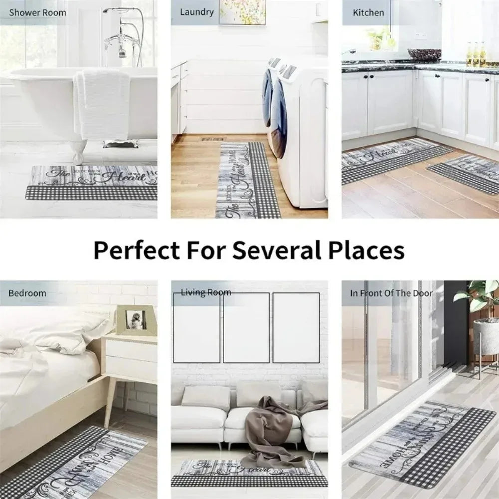 Grey Wood-Grain Kitchen & Hallway Mat – Soft Non-Slip Polyester Rug with Letter Design
