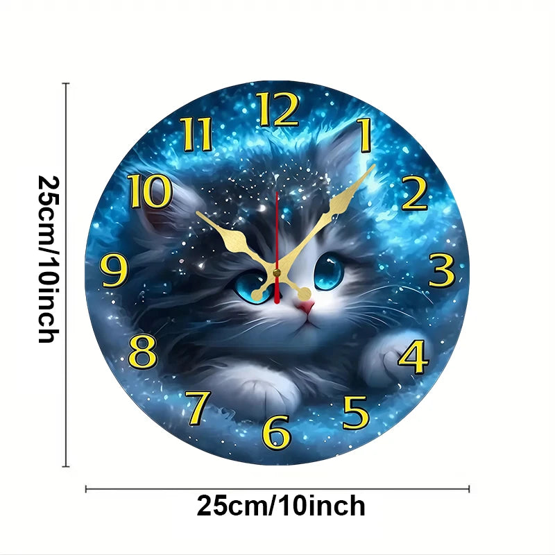 Cosmic Cat Silent Wall Clock – 10-Inch Round Wooden Home Decor