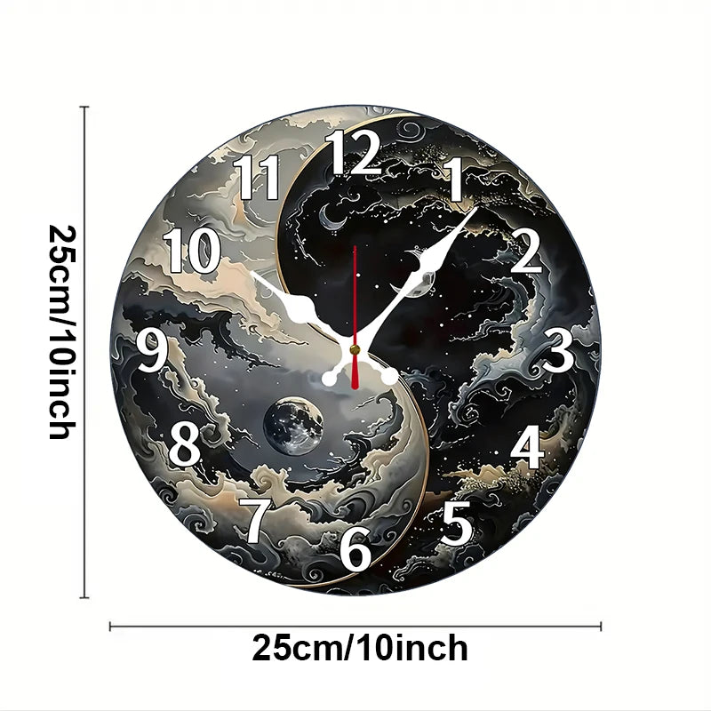 Celestial Yin-Yang Silent Wall Clock – 10-Inch Round Wooden Home Decor