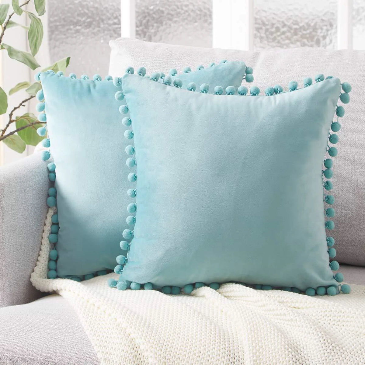 Blue and Aqua Velvet Pom-Pom Throw Pillow Cover, 15.75–19.69 in, Cover Only