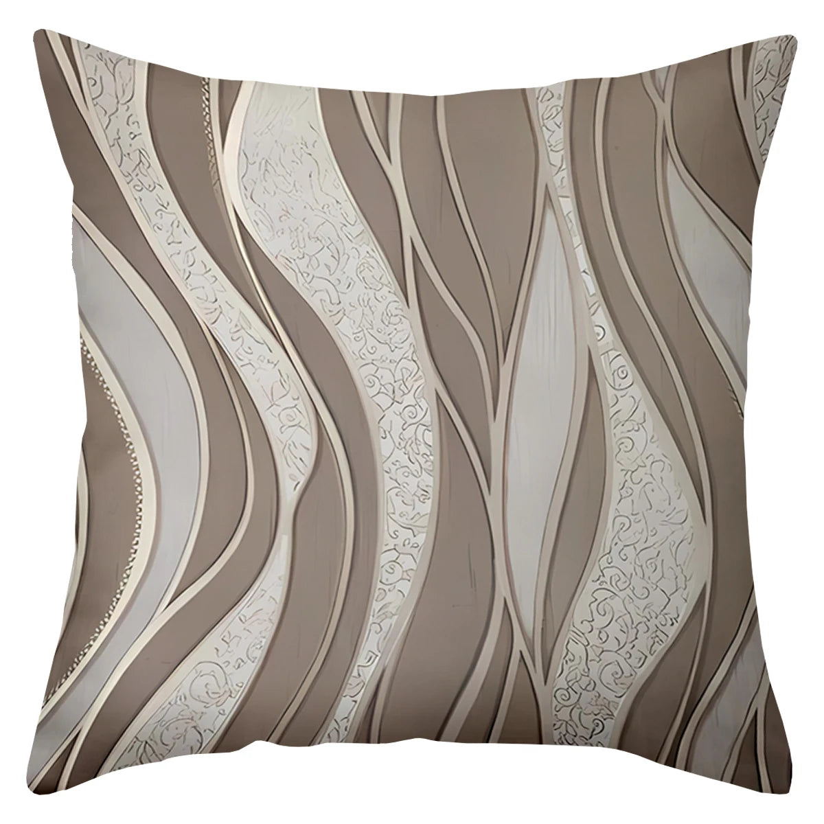 Brown & White Abstract Wave Polyester Pillow Cover – Single-Sided Print, 4 Sizes