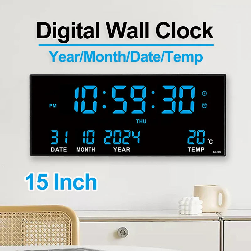 14-Inch Digital LED Wall Clock – Time, Date, Temperature & 8 Daily Alarms, Plug-In Display
