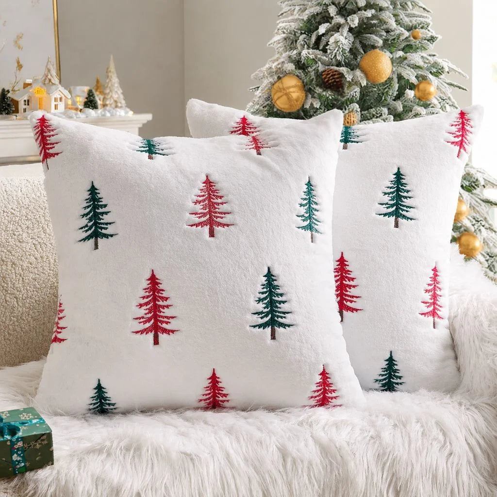 Embroidered Christmas Tree Pillow Covers – Plush Set of 2, 17.72 in