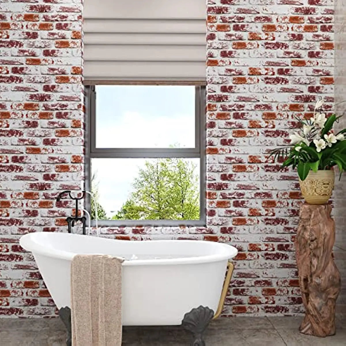 Rustic Painted Red Brick Waterproof Vinyl Peel-and-Stick Wallpaper – Removable & Oil-Resistant