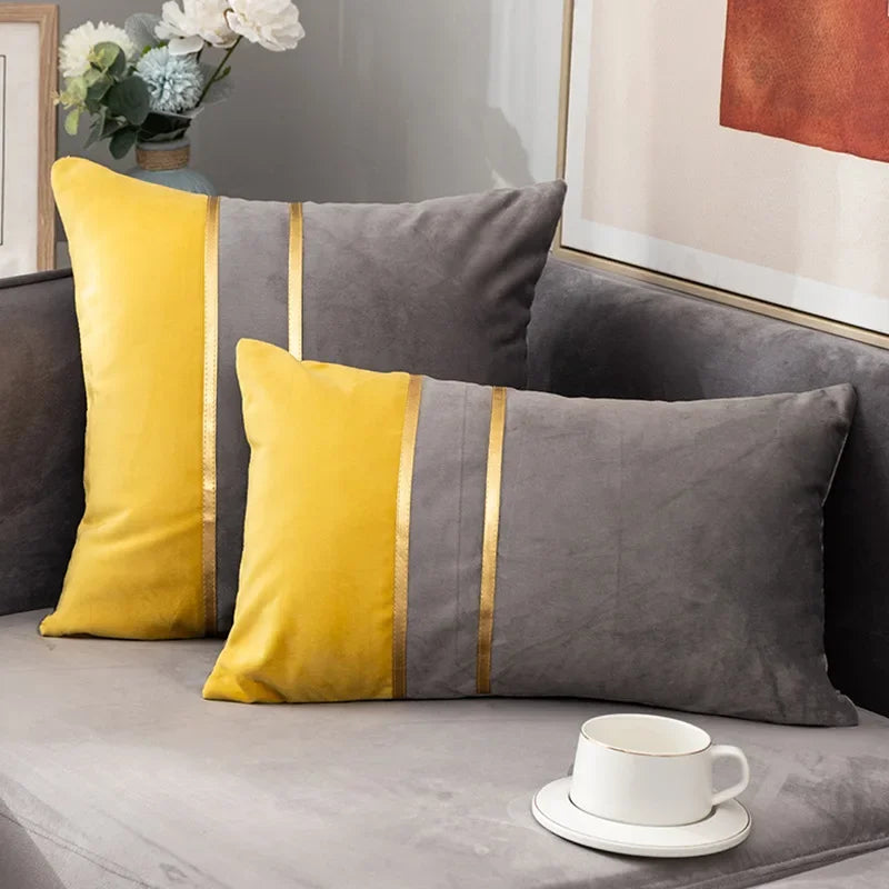 Warm Color-Block Velvet Throw Pillow Cover with Gold-Tone Stripes, Square or Lumbar