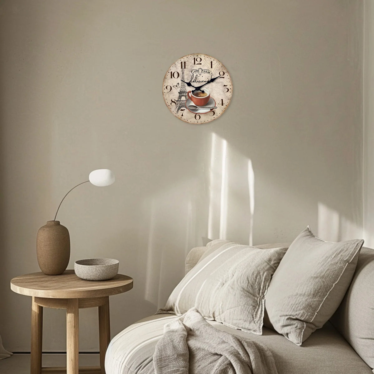 Paris Eiffel Tower Coffee Cup Silent Wall Clock – Wooden Quartz Decor, 10, 12 or 16 Inch