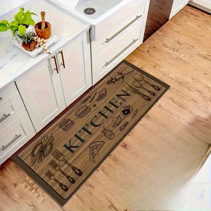 Wood-Grain Kitchenware Pattern Non-Slip Kitchen Rug & Entrance Mat – Soft Washable Polyester