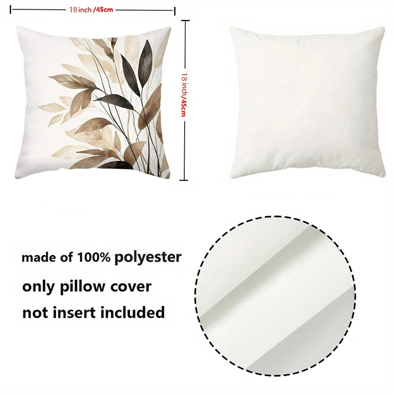 Neutral Botanical Floral Leaf Polyester Pillow Cover – 4 Designs, 4 Sizes
