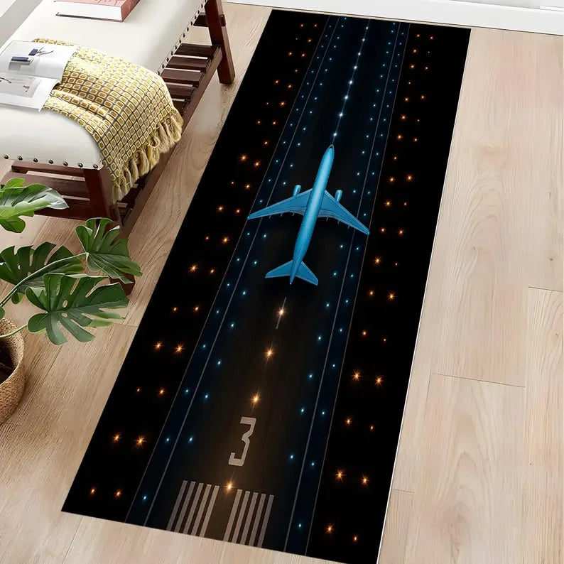 Neon Airplane Runway Kids’ Play Rug – Washable Polyester Floor Mat for Bedroom, Corridor & Balcony