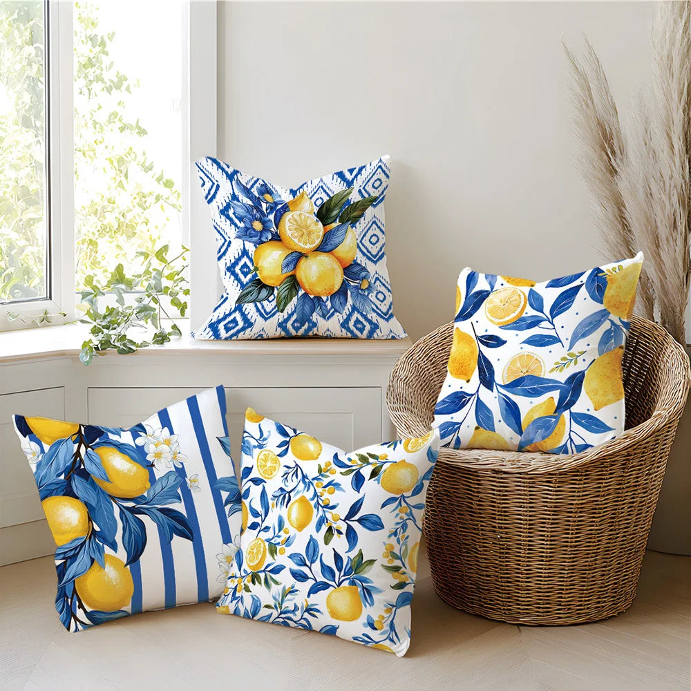 Coastal Lemon Polyester Pillow Covers, Set of 4 – 15.75, 17.72, 19.69 or 23.62 in Square (40, 45, 50 or 60 cm)
