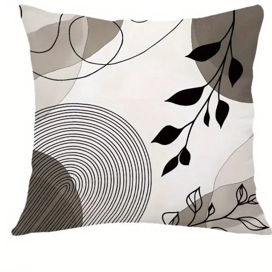 Black Leaf & Circle Polyester Twill Pillow Cover – Designs 1–2, 4 Sizes