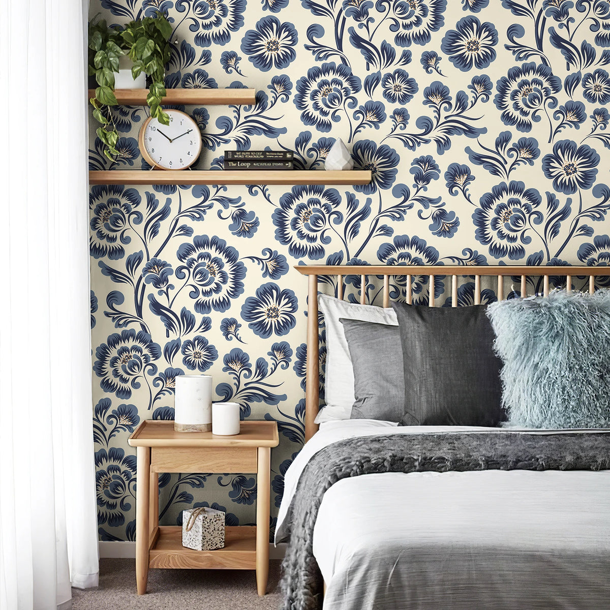 Blue Floral Waterproof & Oil-Resistant PVC Peel-and-Stick Wallpaper – Removable for Walls, Cabinets & Furniture