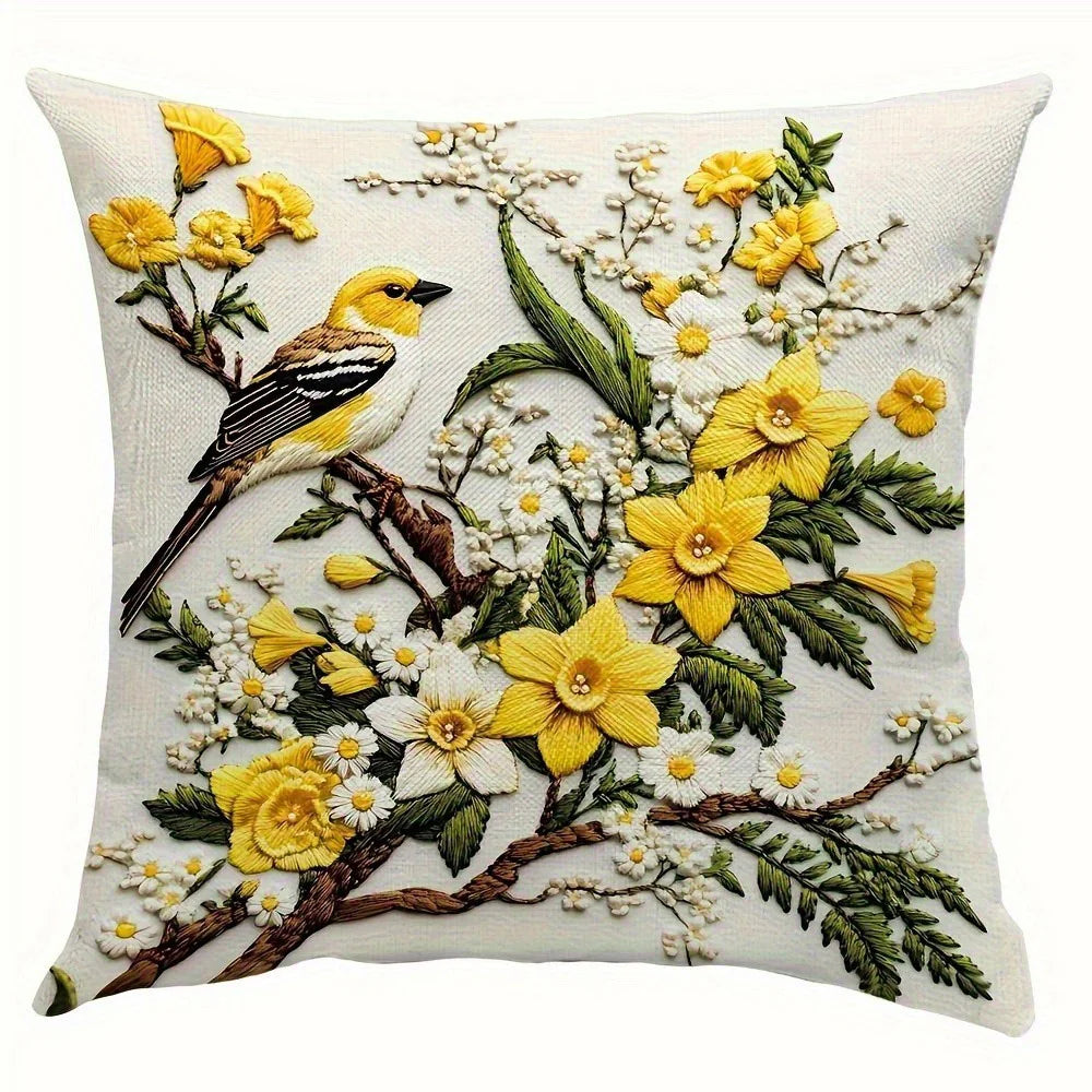 Yellow Bird Blossom Branch Polyester Peachskin Pillow Cover – Flat Print, 15.75–23.62 in Square, 1 Piece