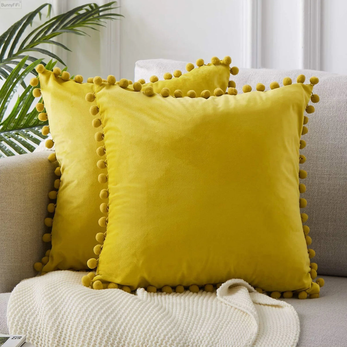 Yellow or Orange Velvet Pom-Pom Throw Pillow Cover, 15.75–19.69 in, Cover Only
