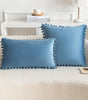*Blue-Tone Pompom Polyester Velvet Pillow Cover – 17.72 or 19.69 in Square / 11.81 × 19.69 in Lumbar (45 × 45, 50 × 50 or 30 × 50 cm), 1 Piece