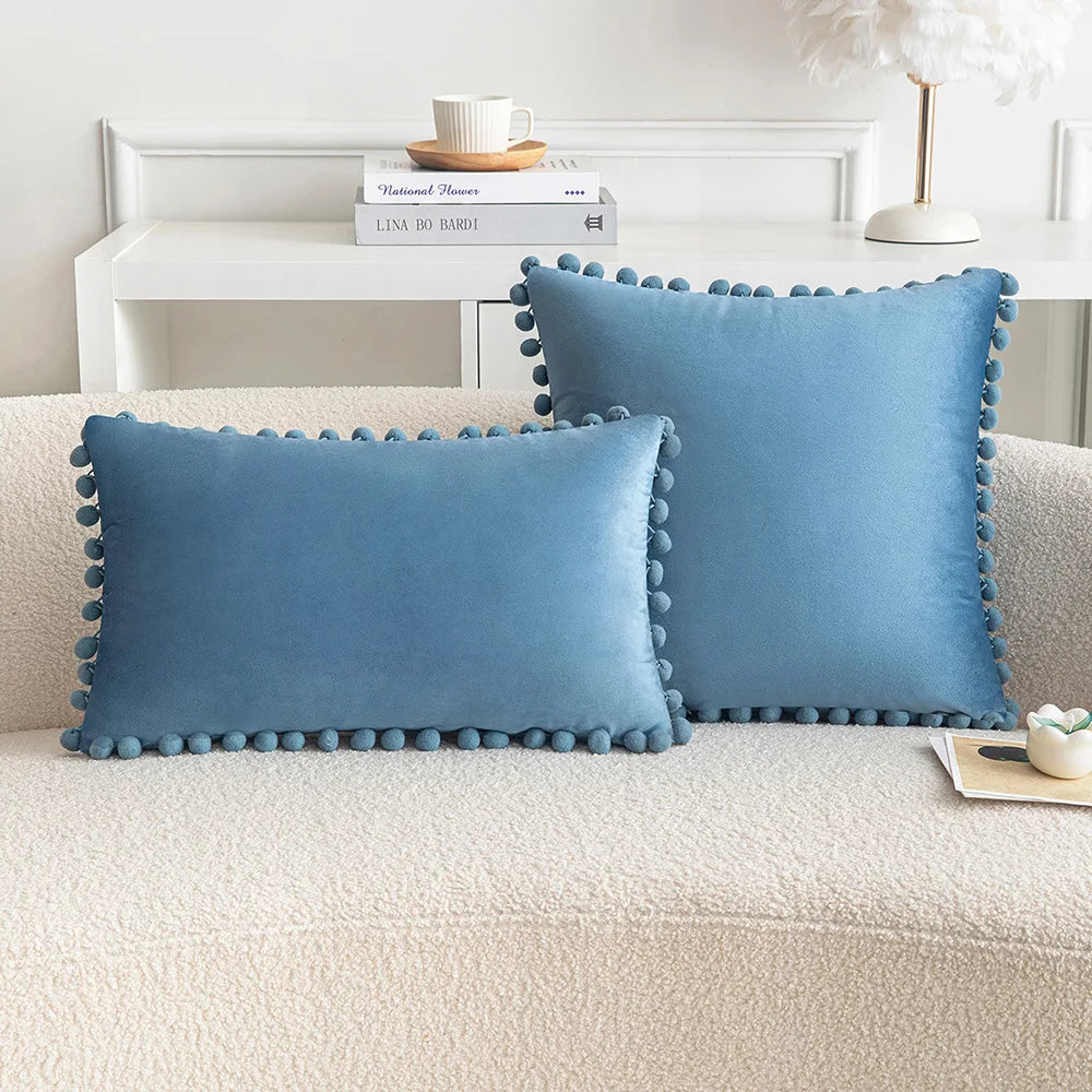 *Blue-Tone Pompom Polyester Velvet Pillow Cover – 17.72 or 19.69 in Square / 11.81 × 19.69 in Lumbar (45 × 45, 50 × 50 or 30 × 50 cm), 1 Piece