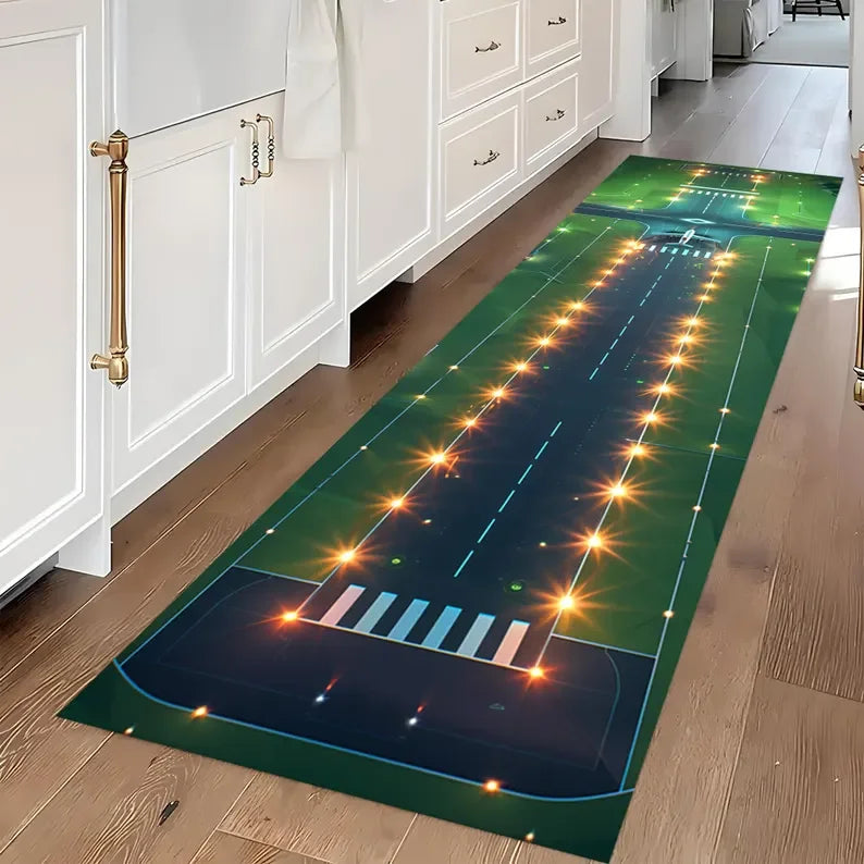 Neon Airplane Runway Kids’ Play Rug – Washable Polyester Floor Mat for Bedroom, Corridor & Balcony