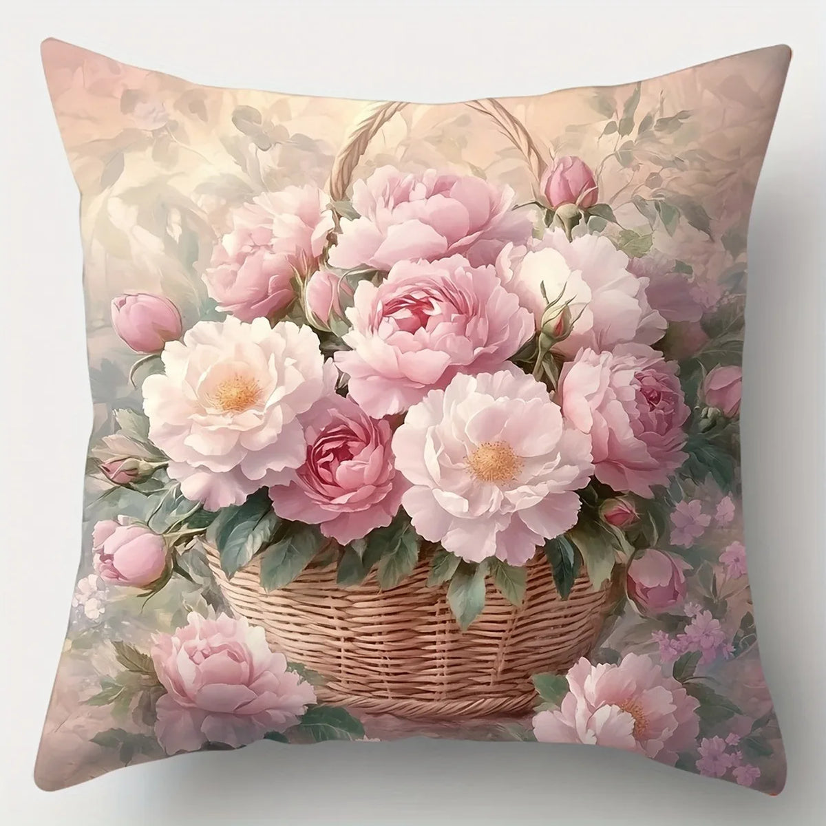 Pink Peony Bouquet Throw Pillow Cover – Polyester, 15.75–23.62 in Square, Cover Only