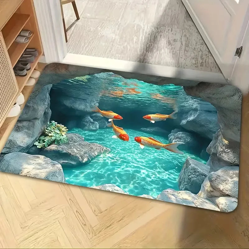 3D Koi & Lotus Non-Slip Flannel Doormat – Soft Absorbent Washable Floor Mat for Entrance & Bathroom