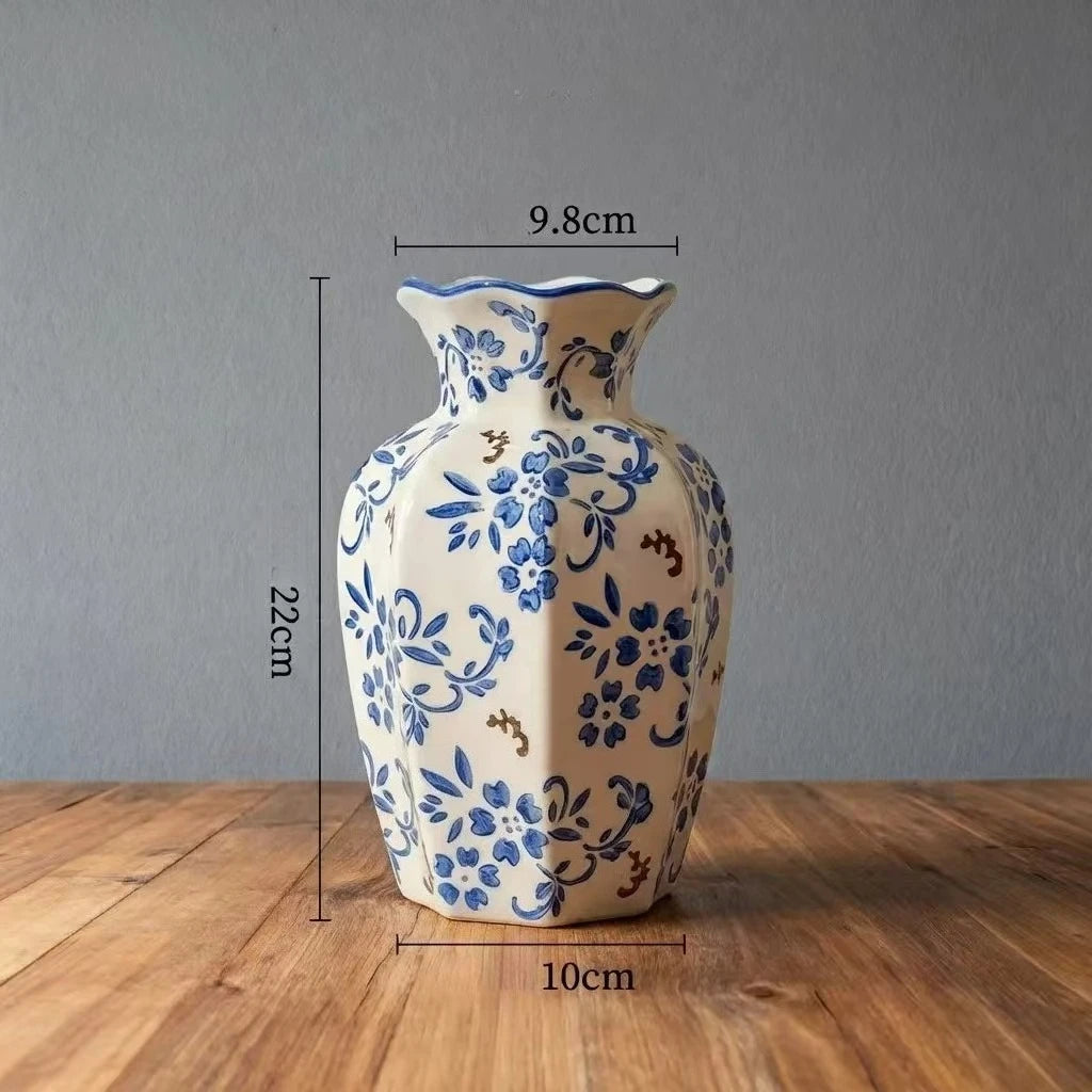 Vintage Blue and White Ceramic Vase – Classical Porcelain-Style Flower Vase for Living Room Decor
