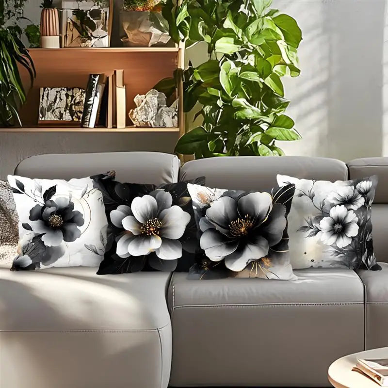 Black & White Floral Polyester Peachskin Pillow Cover – Designs 1–2, 4 Sizes