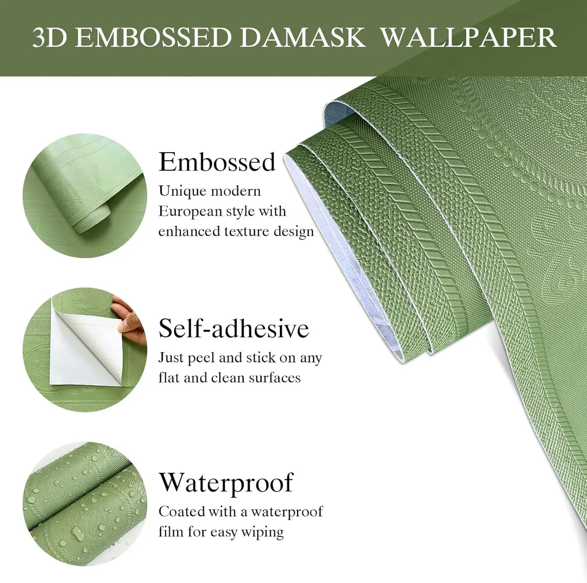 3D White Embossed Damask Waterproof & Oil-Resistant Vinyl Peel-and-Stick Wallpaper – Extra Thick & Removable