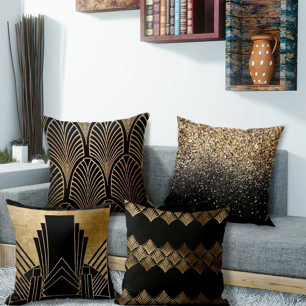 Art Deco Gold-Pattern Polyester Peachskin Pillow Cover – Designs 1–2, 4 Sizes