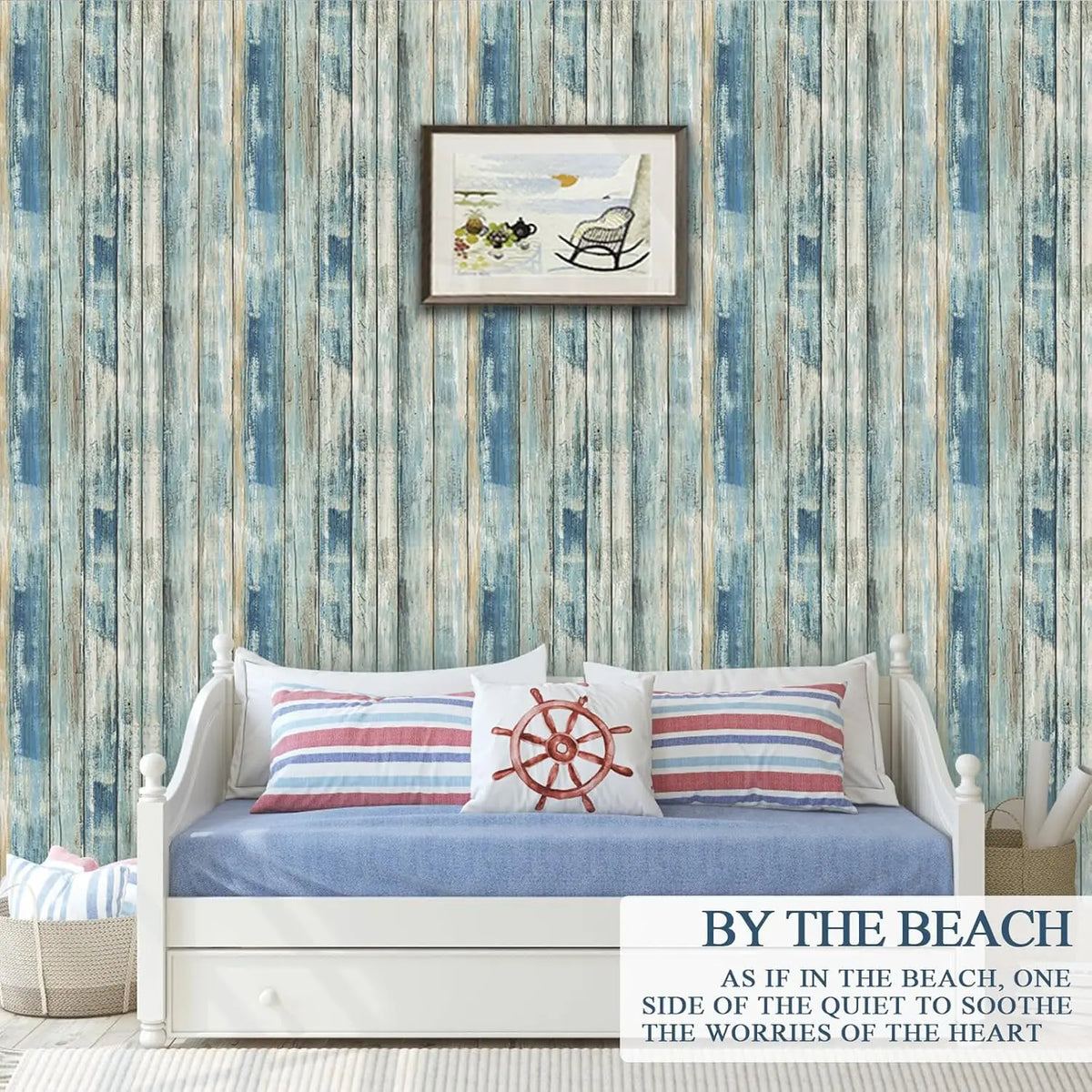 Blue Distressed Wood Waterproof Vinyl Peel-and-Stick Wallpaper for Cabinets & Walls