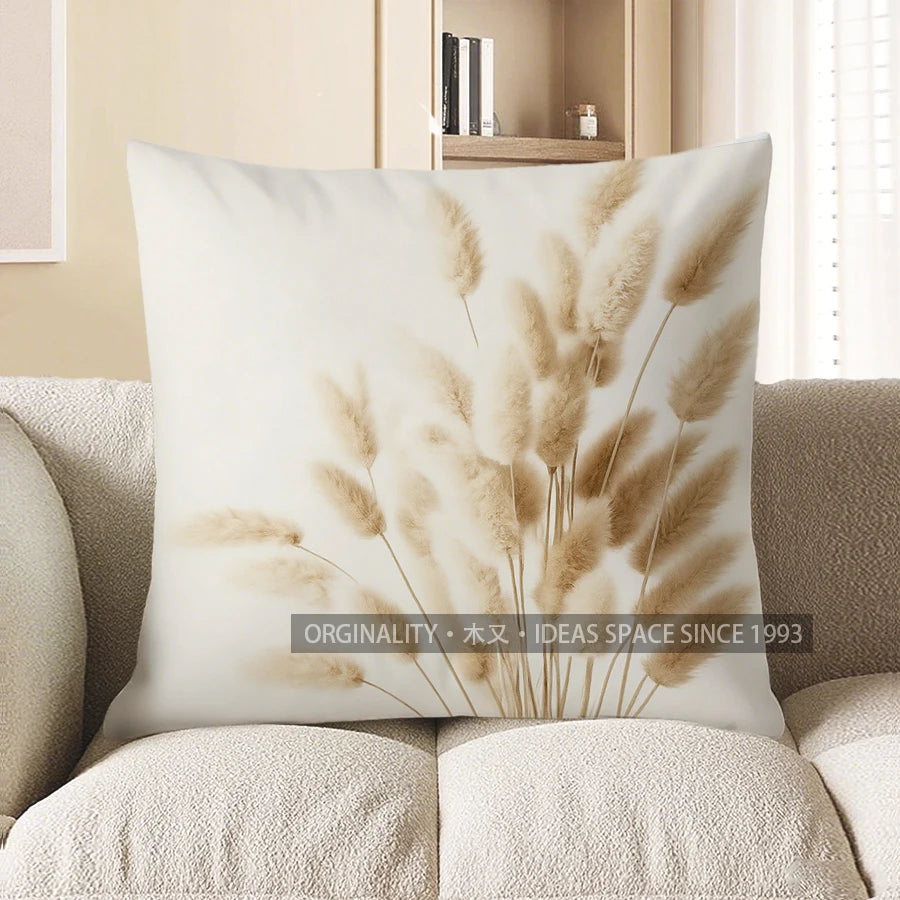 Neutral Pampas Grass Polyester Peachskin Pillow Cover – Design 2, 4 Sizes