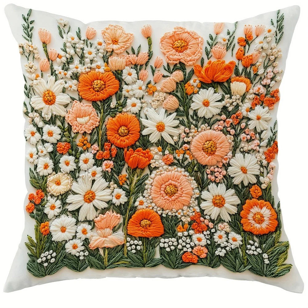 Orange & White Floral 4 Polyester Peachskin Pillow Cover – Flat Print, 15.75–23.62 in Square, 1 Piece