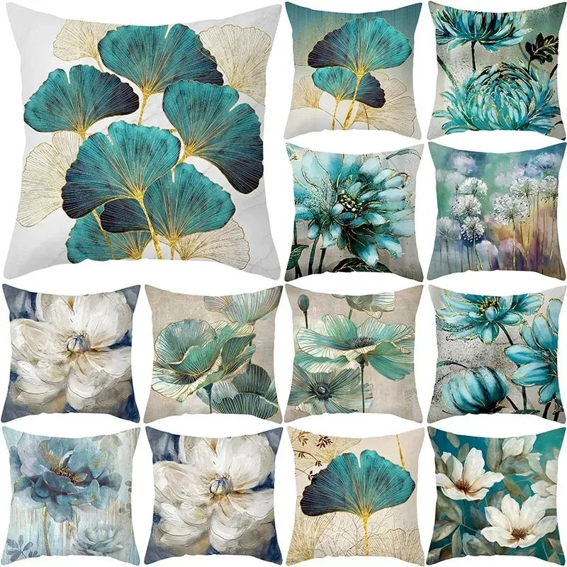 Ginkgo & Floral Polyester Pillow Cover – 19.69 × 19.69 in (50 × 50 cm), 1 Piece