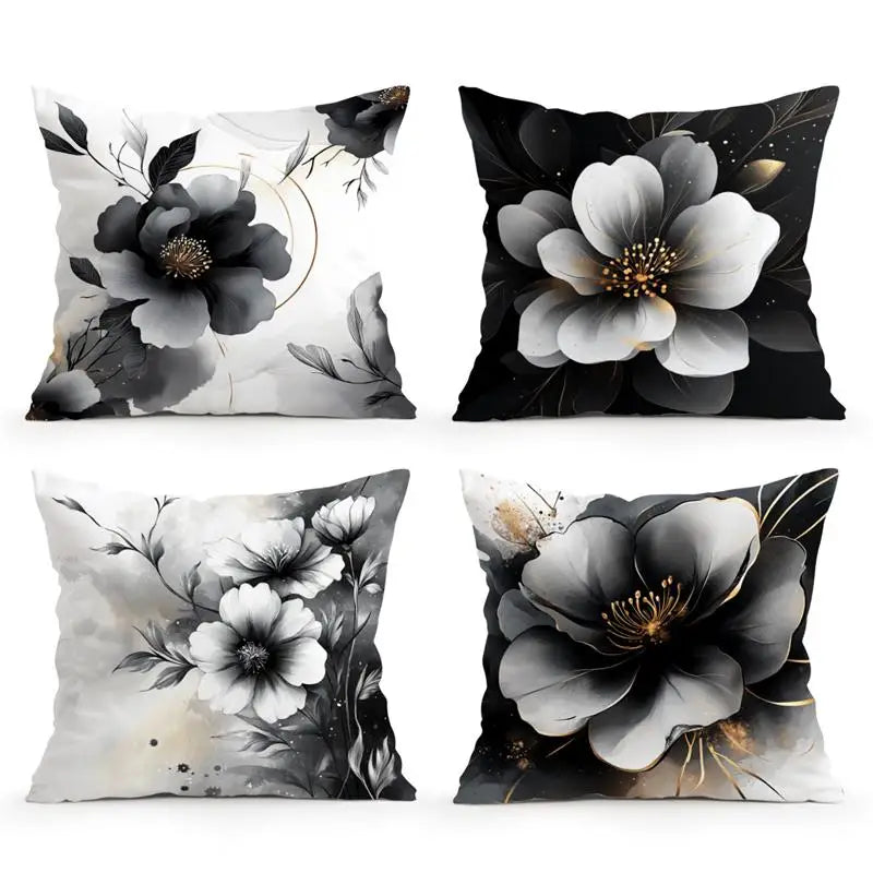 Black & White Floral Polyester Peachskin Pillow Cover – Designs 1–2, 4 Sizes