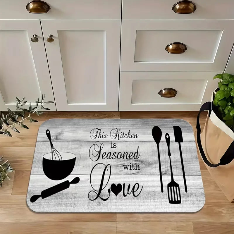 Grey Wood-Grain Kitchen & Hallway Mat – Soft Non-Slip Polyester Rug with Letter Design