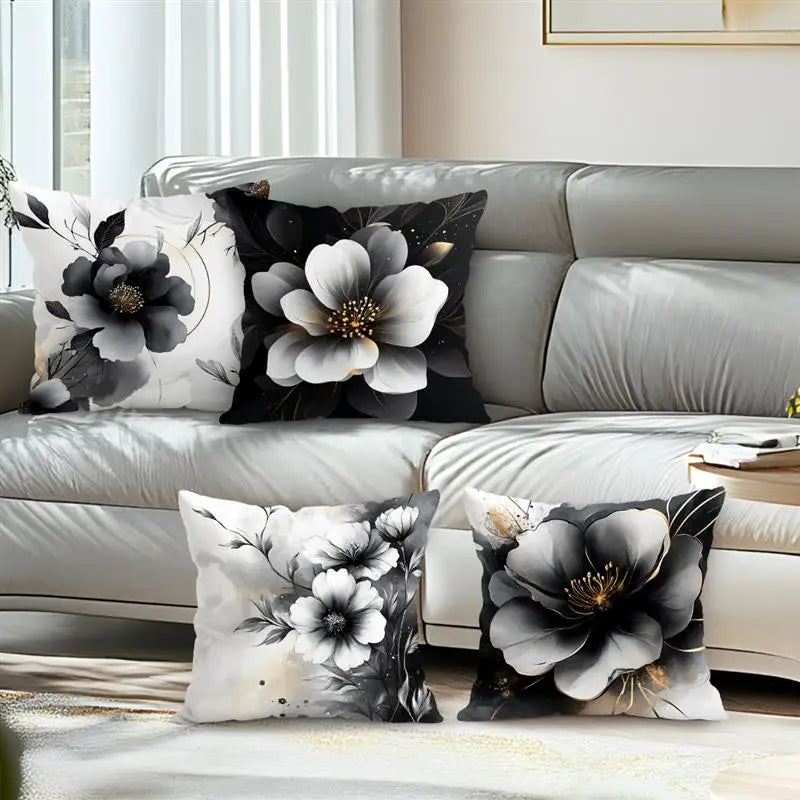 Black & White Floral Polyester Peachskin Pillow Cover – Designs 1–2, 4 Sizes