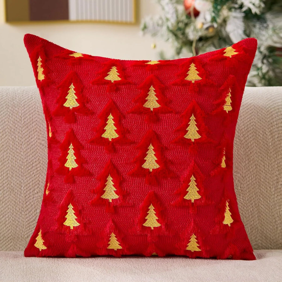 Embroidered Christmas Tree Pillow Covers – Plush Set of 2, 17.72 in