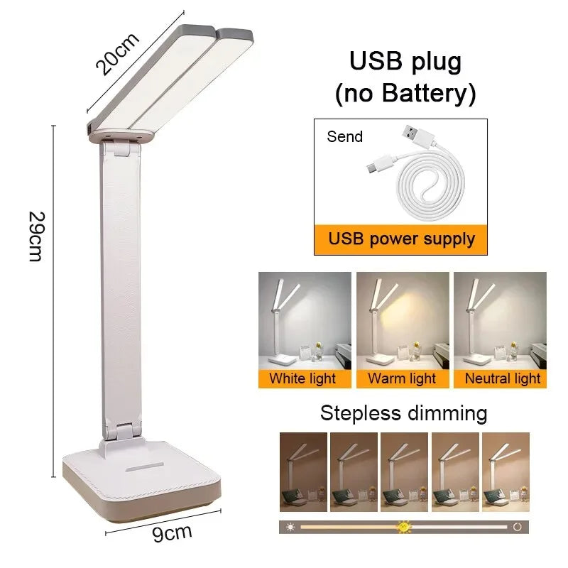 LED Desk Lamp – 3-Level Touch Dimmable, Foldable Eye-Caring Reading Light, USB Plug-In or Rechargeable Bedside Table Lamp