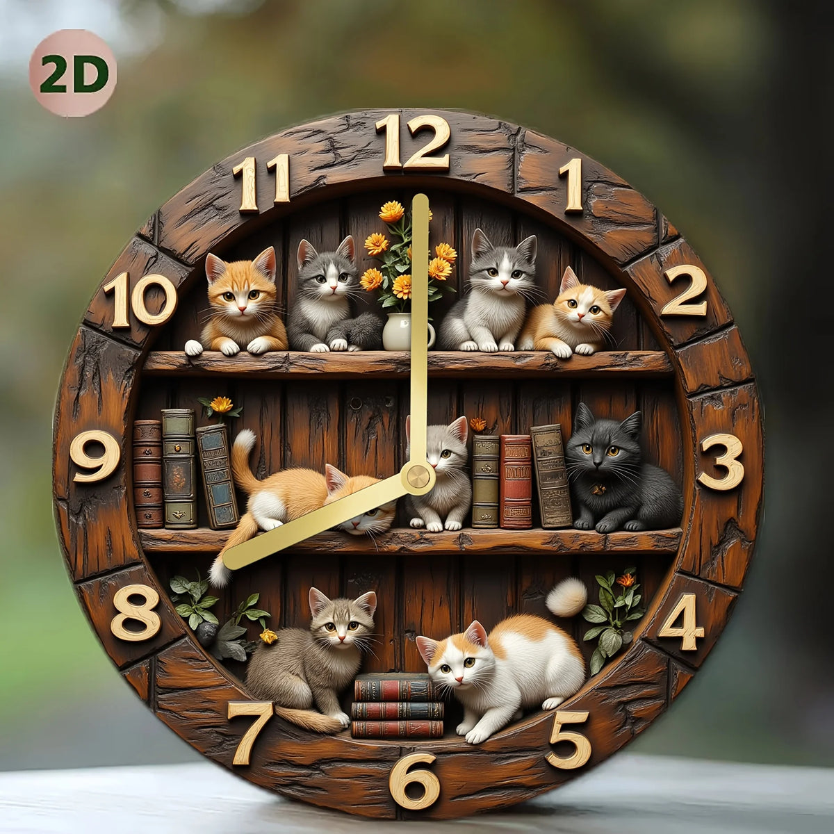 Kitten Bookshelf Silent Wall Clock – 10-Inch Wooden Round Cat Decor