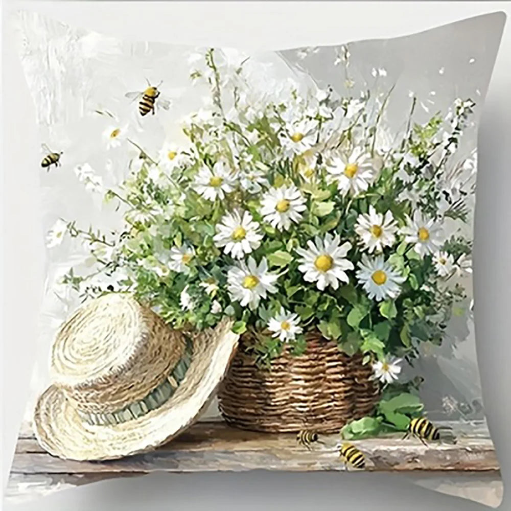 Daisy Basket and Sunhat Polyester Peachskin Pillow Cover – 15.75–23.62 in Square, Single-Sided Print, 1 Piece