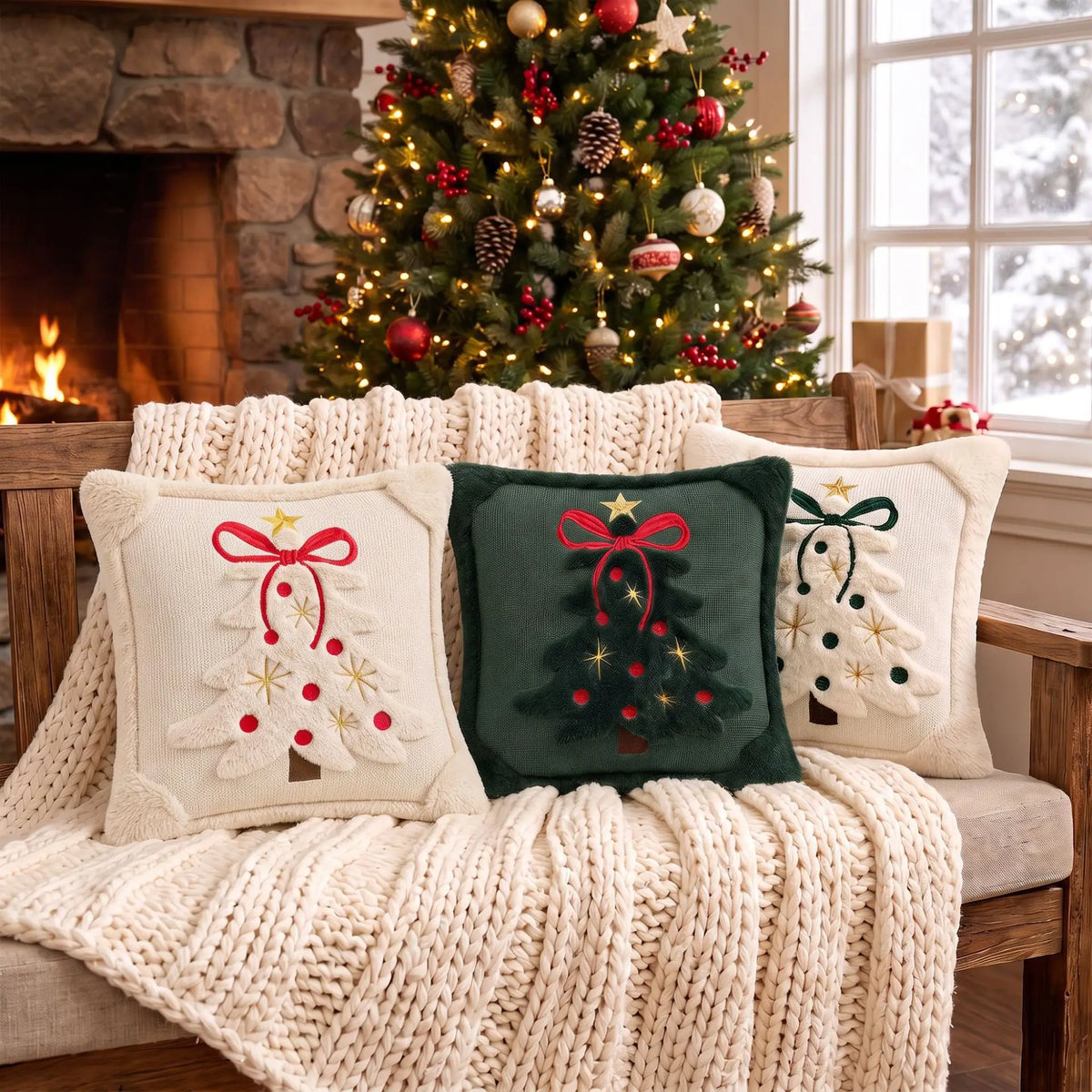 Embroidered Christmas Tree Pillow Covers – Plush Set of 2, 17.72 in