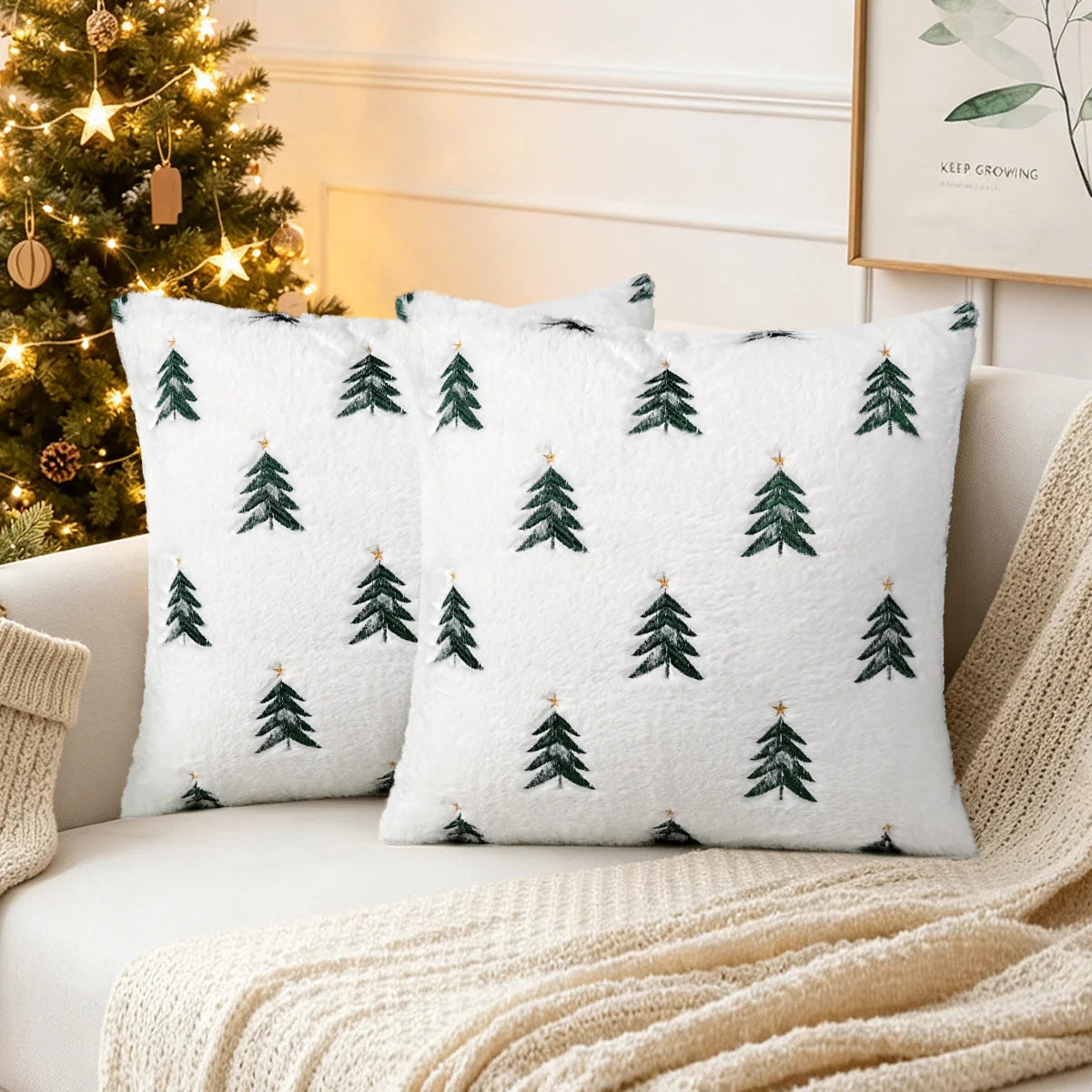Embroidered Christmas Tree Pillow Covers – Plush Set of 2, 17.72 in